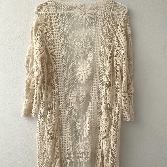CATO FLORAL CROCHET LACE FRINGE BOHO OPEN FRONT CARDIGAN - Picture 4 of 16